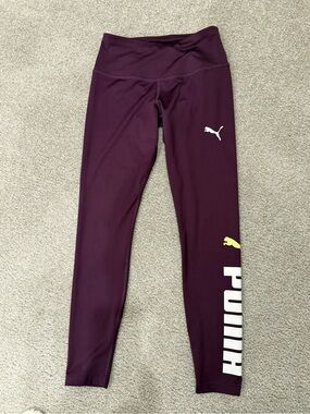 Puma Plum Leggings with White Logo and Yellow Accent